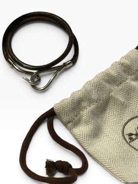Hermès Leather Silver Hook Wrap Bracelet with Dust Bag and Box EUC